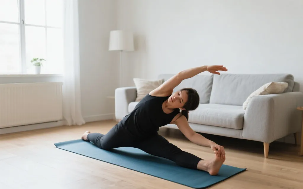 在客厅中场休息做拉伸动作的示意氛围图