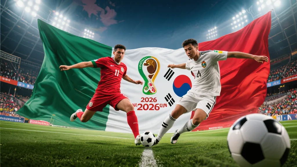 2026世界杯墨西哥与韩国对决海报,热烈动感的足球场背景