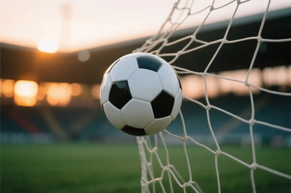 Close-up of a generic white soccer ball hitting a white net with a blurred stadium background